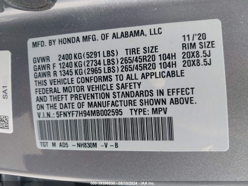 2021 Honda Passport 2Wd Touring VIN: 5FNYF7H94MB002595 Lot: 39398030