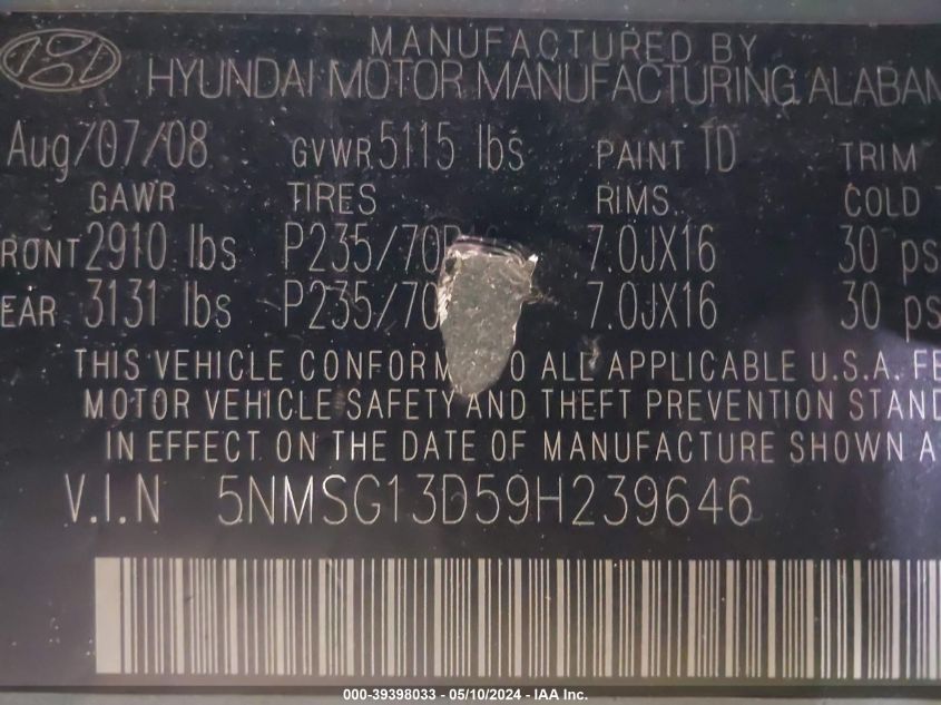 2009 Hyundai Santa Fe Gls VIN: 5NMSG13D59H239646 Lot: 39398033
