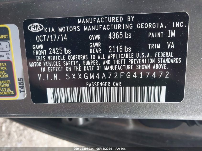 2015 Kia Optima Lx VIN: 5XXGM4A72FG417472 Lot: 39398034