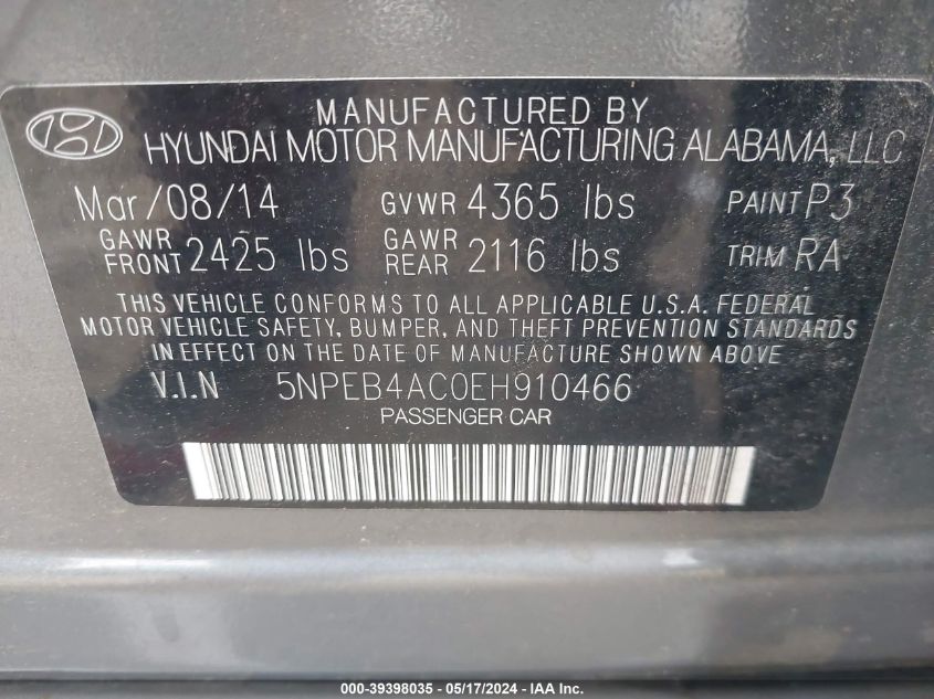 2014 Hyundai Sonata Gls VIN: 5NPEB4AC0EH910466 Lot: 39398035