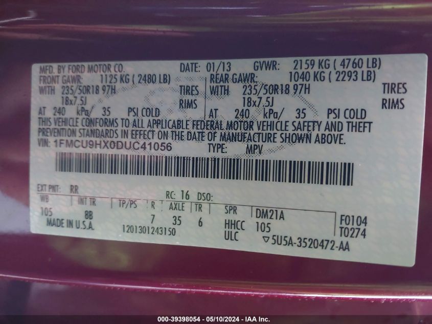 2013 Ford Escape Sel VIN: 1FMCU9HX0DUC41056 Lot: 39398054