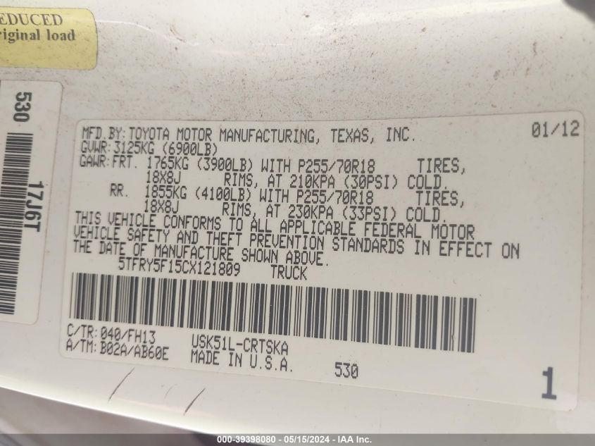 2012 Toyota Tundra Grade 5.7L V8 VIN: 5TFRY5F15CX121809 Lot: 39398080