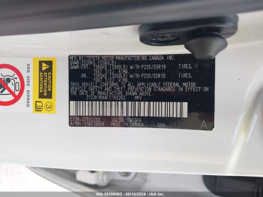 2015 Lexus Rx 350 VIN: 2T2ZK1BA8FC189262 Lot: 39398083