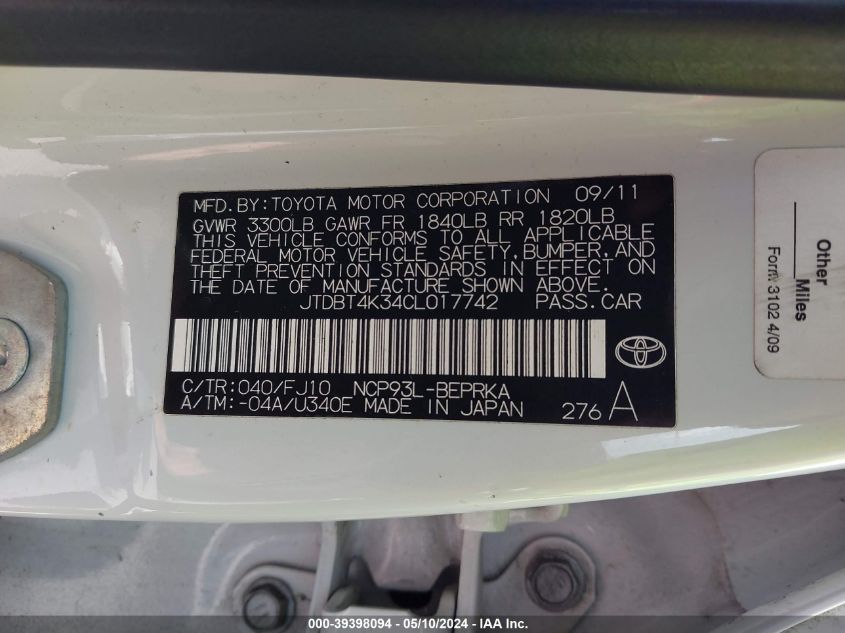 2012 Toyota Yaris VIN: JTDBT4K34CL017742 Lot: 39398094