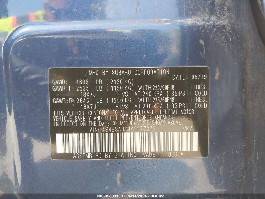 2019 Subaru Outback 2.5I Limited VIN: 4S4BSAJC4K3377073 Lot: 39398100