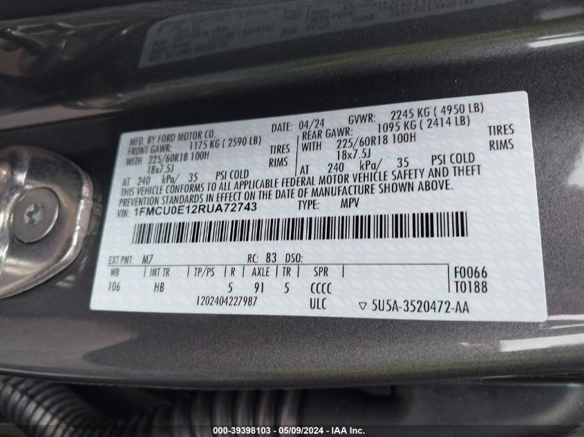 2024 FORD ESCAPE PHEV - 1FMCU0E12RUA72743