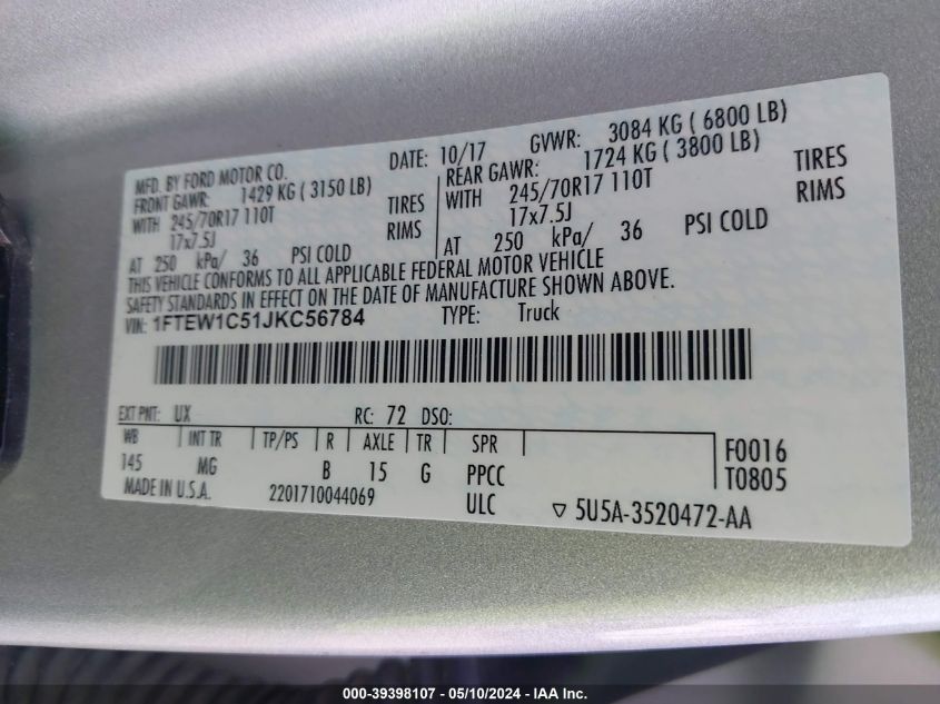 2018 Ford F-150 Xlt VIN: 1FTEW1C51JKC56784 Lot: 39398107