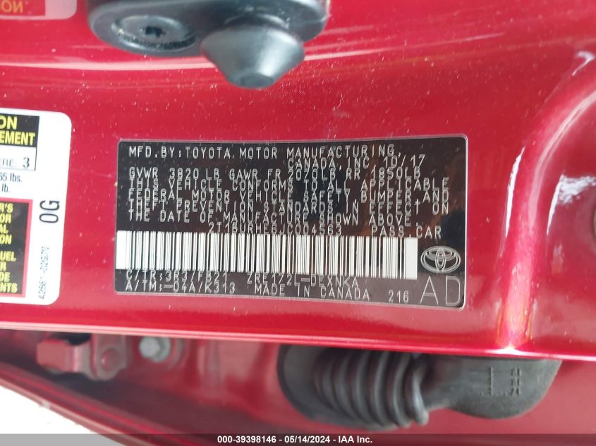 2018 TOYOTA COROLLA LE - 2T1BURHE6JC004563