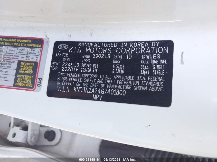 2016 Kia Soul VIN: KNDJN2A24G7401800 Lot: 39398161