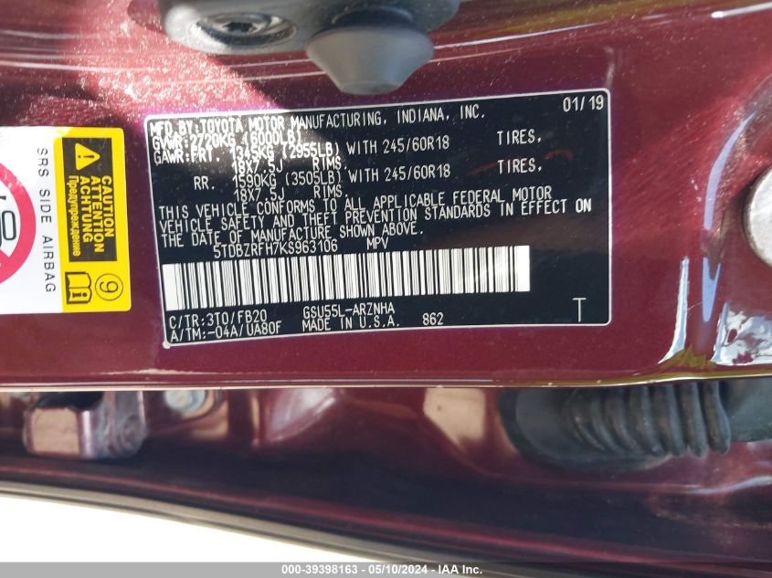 2019 Toyota Highlander Le VIN: 5TDBZRFH7KS963106 Lot: 39398163