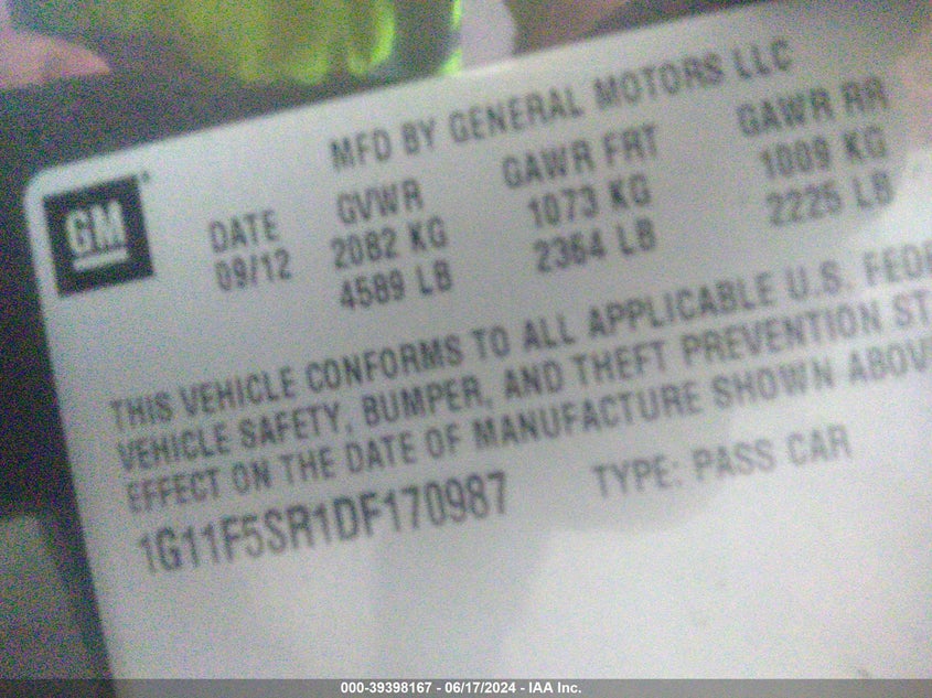 2013 Chevrolet Malibu Eco Premium Audio VIN: 1G11F5SR1DF170987 Lot: 39398167