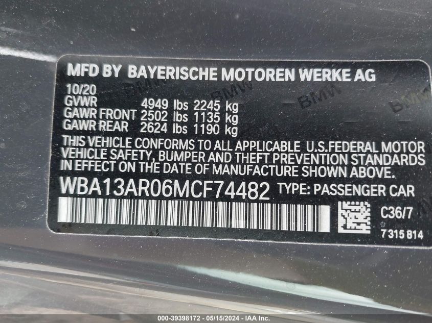 2021 BMW M440I xDrive VIN: WBA13AR06MCF74482 Lot: 39398172