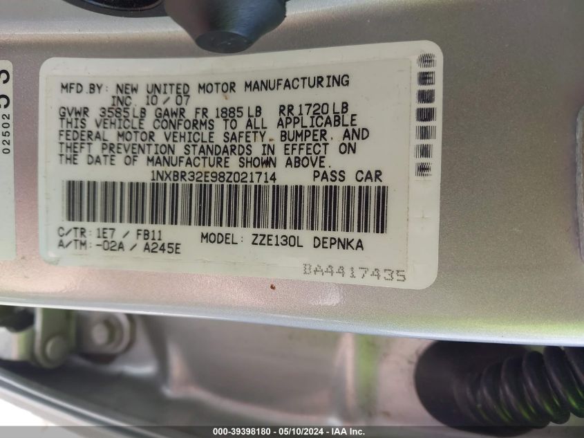 2008 Toyota Corolla Le VIN: 1NXBR32E98Z021714 Lot: 39398180