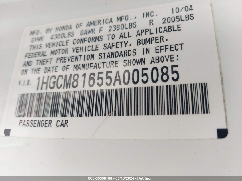 2005 Honda Accord 3.0 Ex VIN: 1HGCM81655A005085 Lot: 39398188