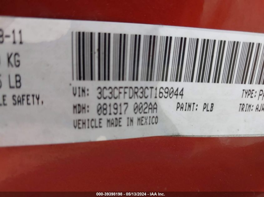 2012 Fiat 500C Pop VIN: 3C3CFFDR3CT169044 Lot: 39398198