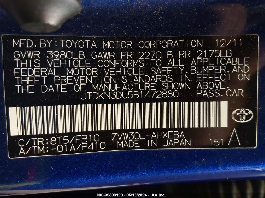 2011 Toyota Prius Two VIN: JTDKN3DU5B1472880 Lot: 39398199