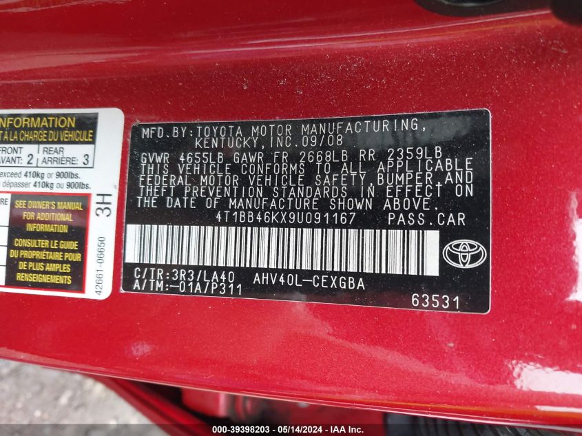 2009 Toyota Camry Hybrid VIN: 4T1BB46KX9U091167 Lot: 39398203