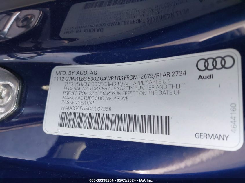 2013 Audi S5 Premium Plus VIN: WAUCGAFHADN007358 Lot: 39398204