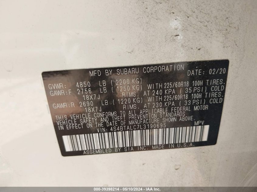 2020 SUBARU OUTBACK LIMITED - 4S4BTALC7L3190695