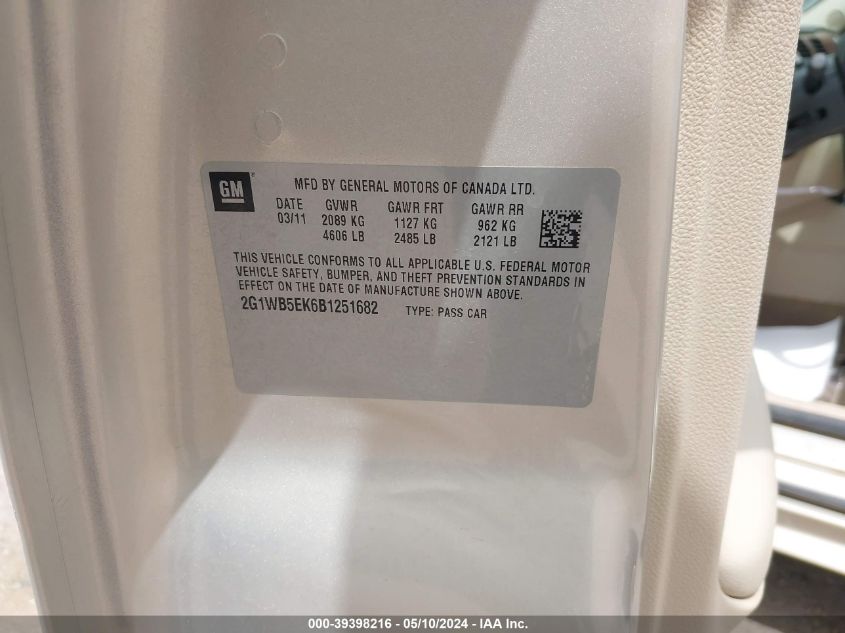 2011 Chevrolet Impala Lt VIN: 2G1WB5EK6B1251682 Lot: 39398216