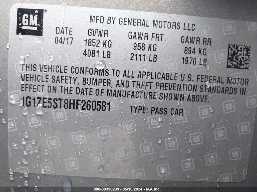2017 Chevrolet Malibu 1Lt VIN: 1G1ZE5ST8HF260581 Lot: 39398239