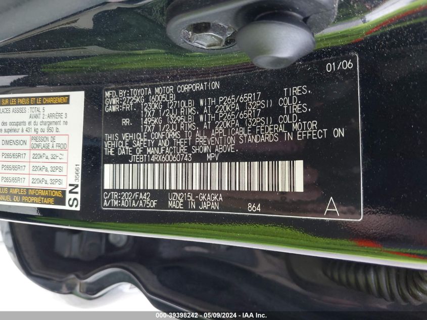 2006 Toyota 4Runner Sr5 V8 VIN: JTEBT14RX60060743 Lot: 39398242