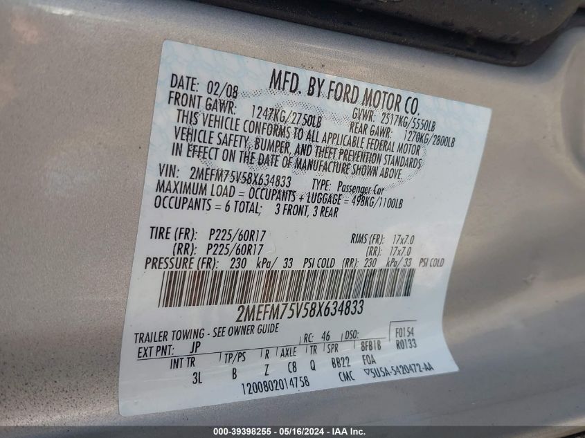 2008 Mercury Grand Marquis Ls VIN: 2MEFM75V58X634833 Lot: 39398255