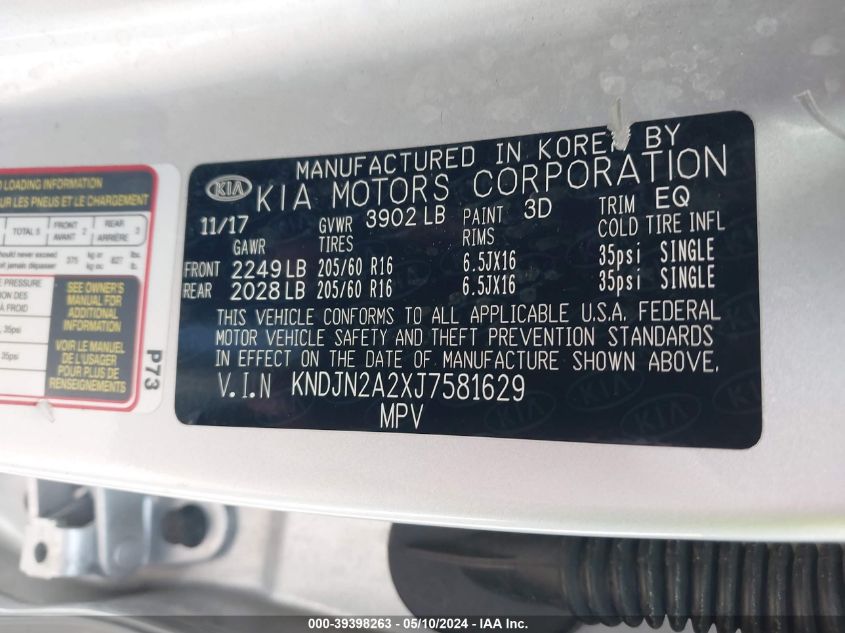 2018 Kia Soul VIN: KNDJN2A2XJ7581629 Lot: 39398263