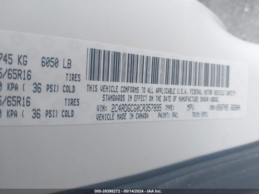 2012 Dodge Grand Caravan Sxt VIN: 2C4RDGCG0CR357895 Lot: 39398272