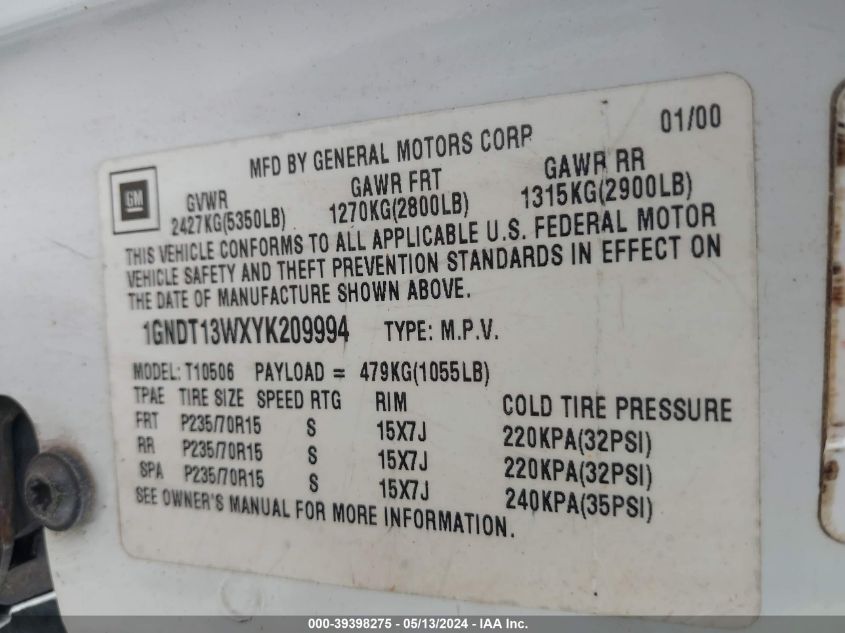 2000 Chevrolet Blazer VIN: 1GNDT13WXYK209994 Lot: 39398275