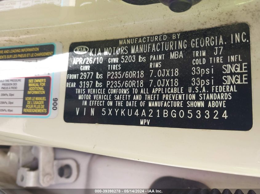 2011 Kia Sorento Ex V6 VIN: 5XYKU4A21BG053324 Lot: 39398278