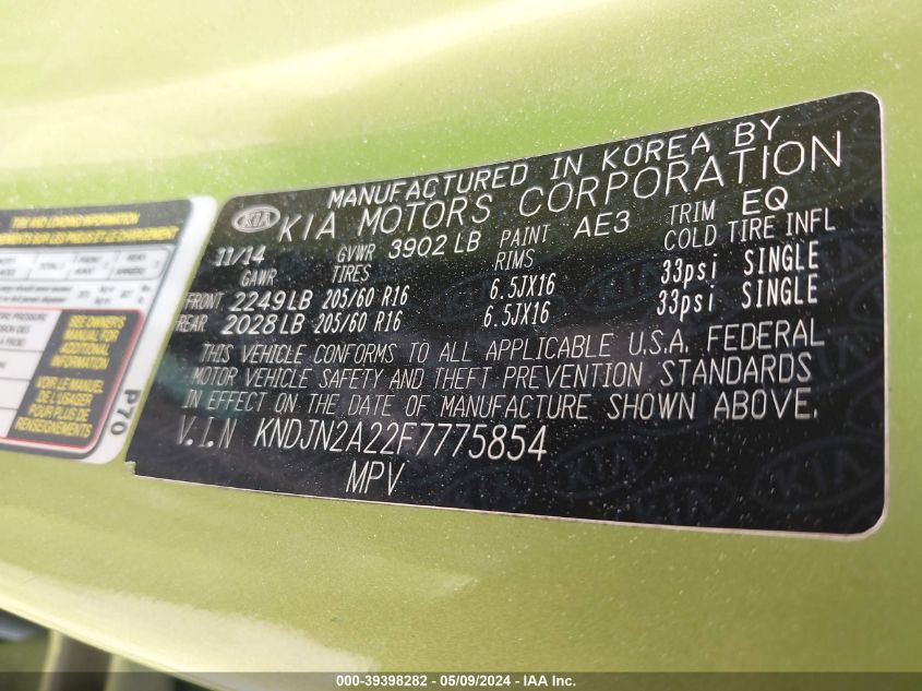 2015 Kia Soul ! VIN: KNDJN2A22F7775854 Lot: 39398282