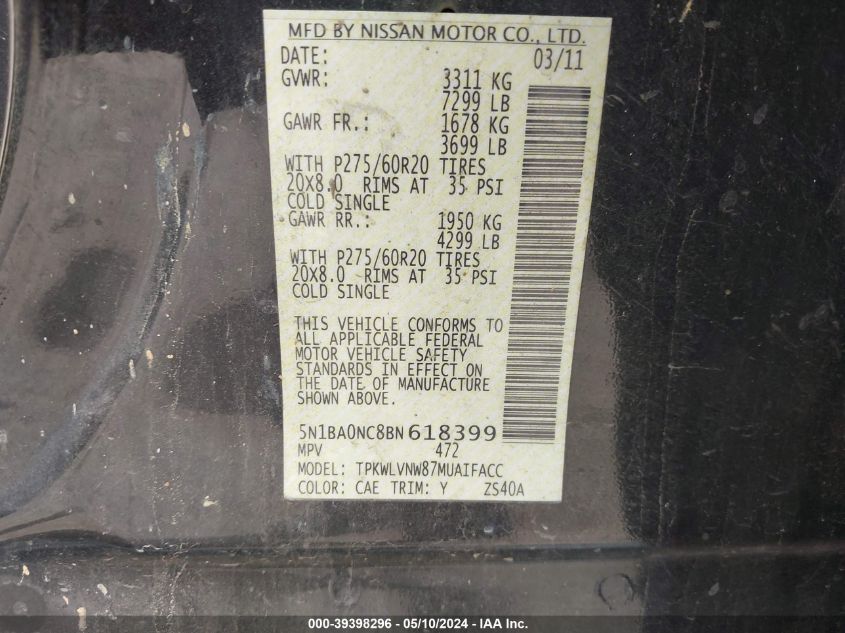 2011 Nissan Armada Platinum VIN: 5N1BA0NC8BN618399 Lot: 39398296