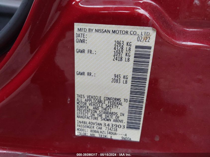 2022 Nissan Altima Sv Fwd VIN: 1N4BL4DV5NN343903 Lot: 39398317