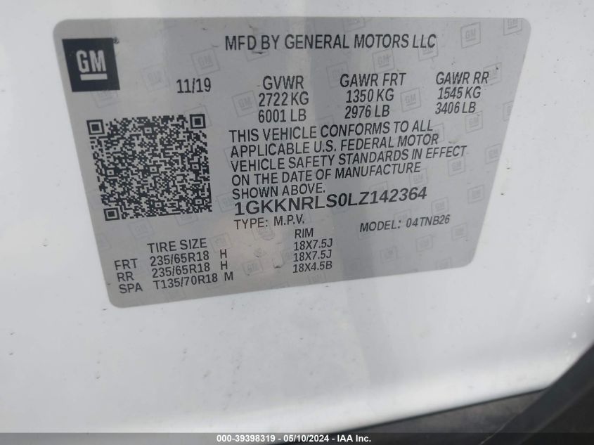 2020 GMC Acadia Fwd Sle VIN: 1GKKNRLS0LZ142364 Lot: 39398319