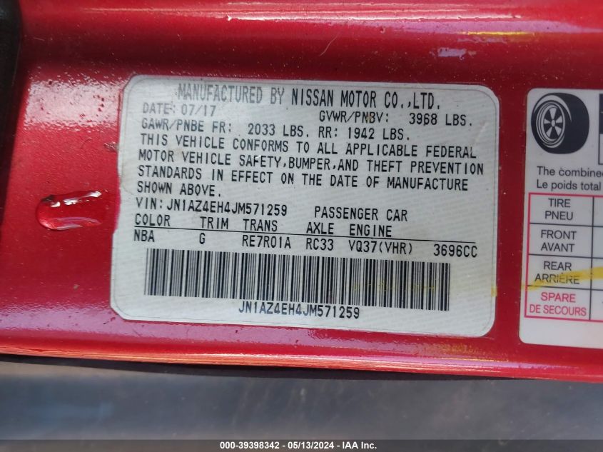 2018 Nissan 370Z Touring VIN: JN1AZ4EH4JM571259 Lot: 39398342