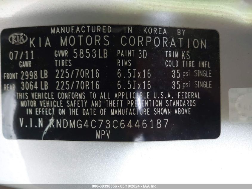 2012 Kia Sedona Lx VIN: KNDMG4C73C6446187 Lot: 39398356