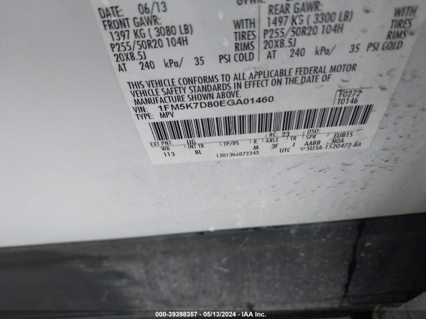 2014 Ford Explorer Xlt VIN: 1FM5K7D80EGA01460 Lot: 39398357