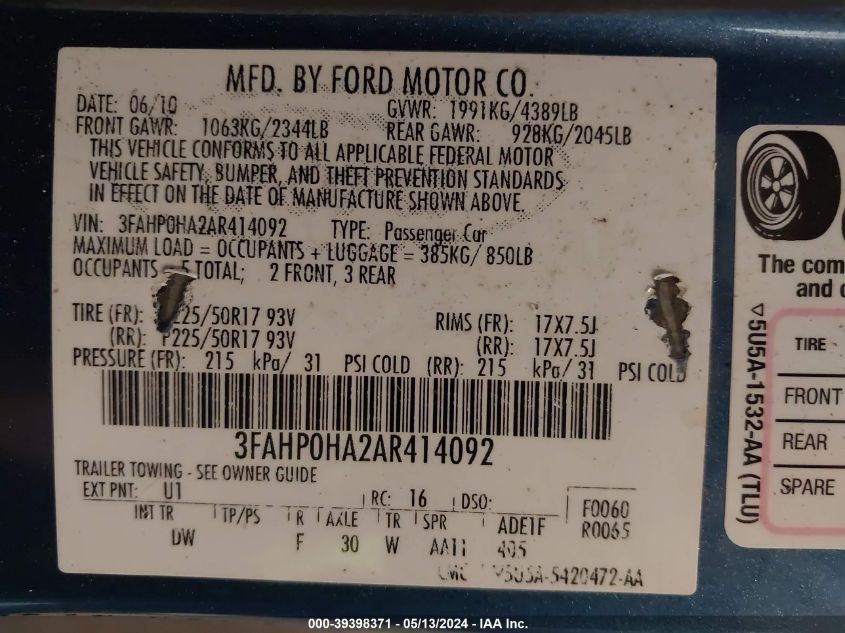 2010 Ford Fusion Se VIN: 3FAHP0HA2AR414092 Lot: 39398371