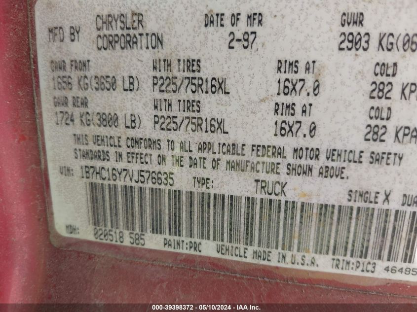 1997 Dodge Ram 1500 Lt VIN: 1B7HC16Y7VJ576635 Lot: 39398372
