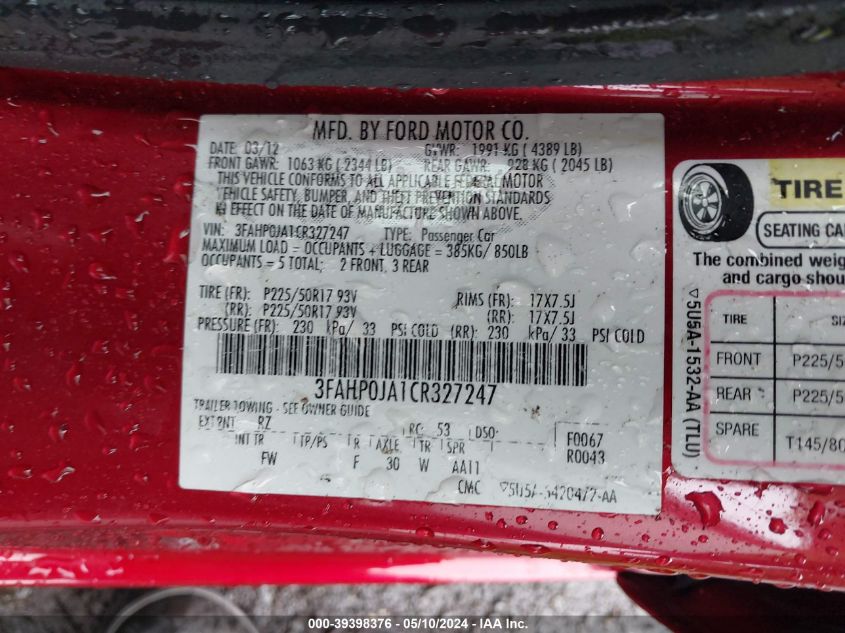 2012 Ford Fusion Sel VIN: 3FAHP0JA1CR327247 Lot: 39398376