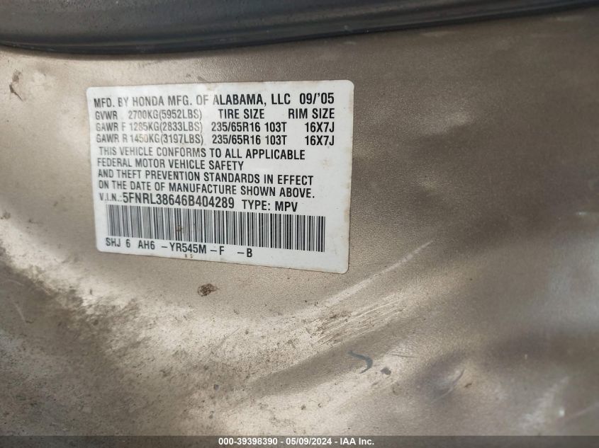 2006 Honda Odyssey Ex-L VIN: 5FNRL38646B404289 Lot: 39398390