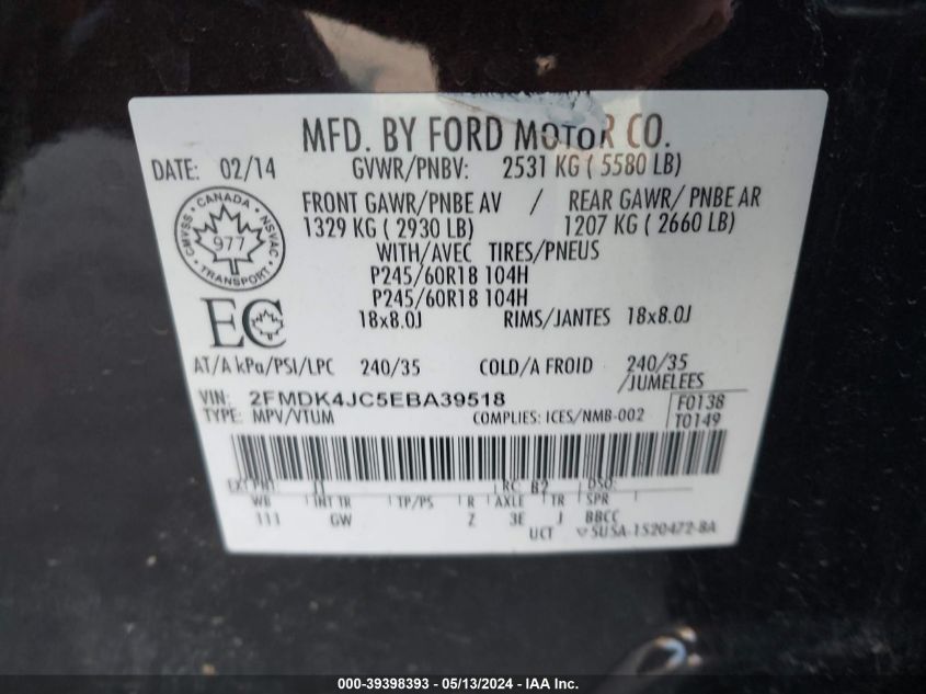 2014 Ford Edge Sel VIN: 2FMDK4JC5EBA39518 Lot: 39398393