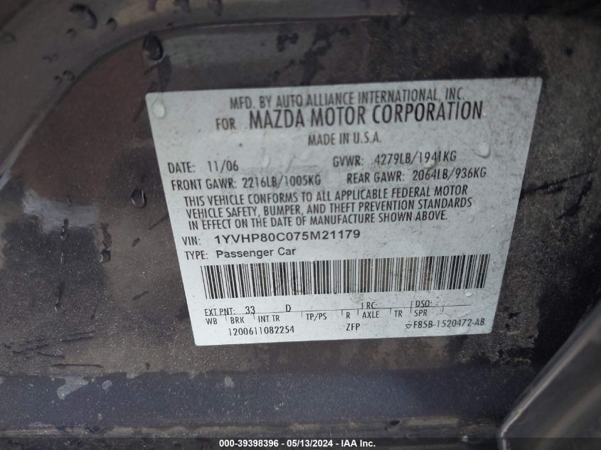 2007 Mazda Mazda6 I Sport Ve VIN: 1YVHP80C075M21179 Lot: 39398396