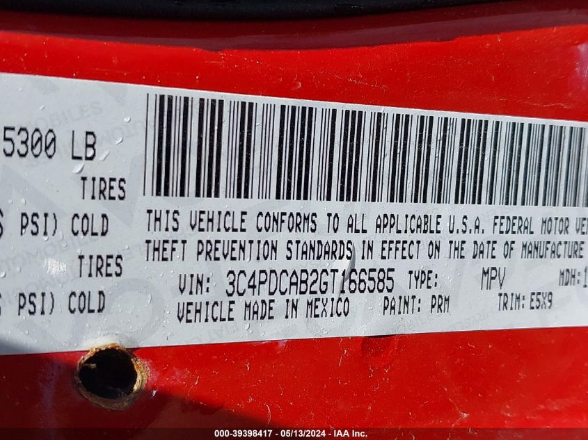 2016 Dodge Journey Se VIN: 3C4PDCAB2GT166585 Lot: 39398417