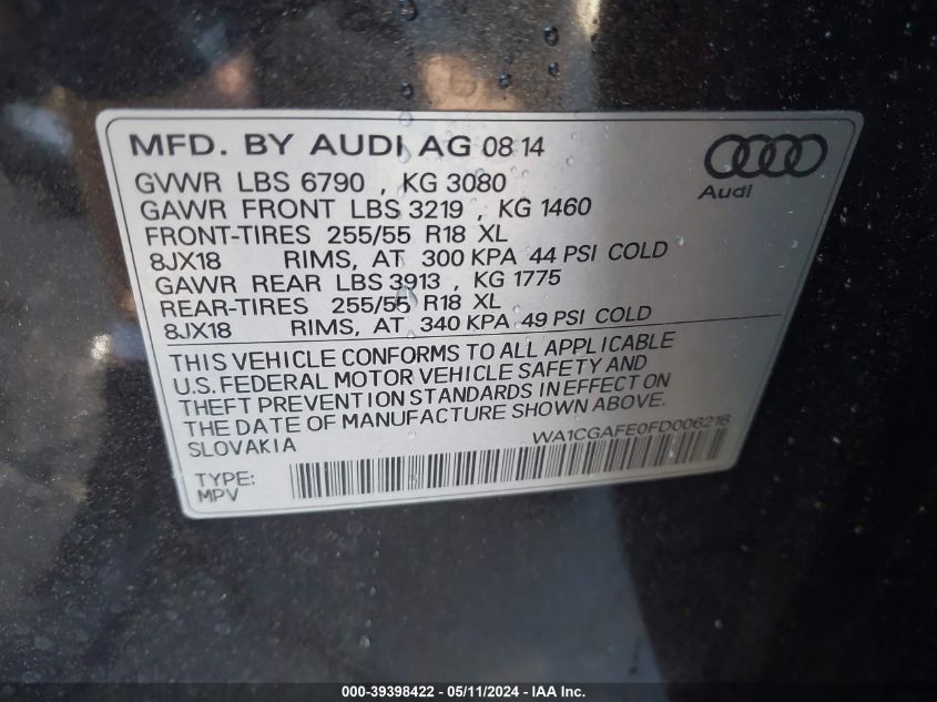 2015 Audi Q7 3.0T Premium VIN: WA1CGAFE0FD006216 Lot: 39398422