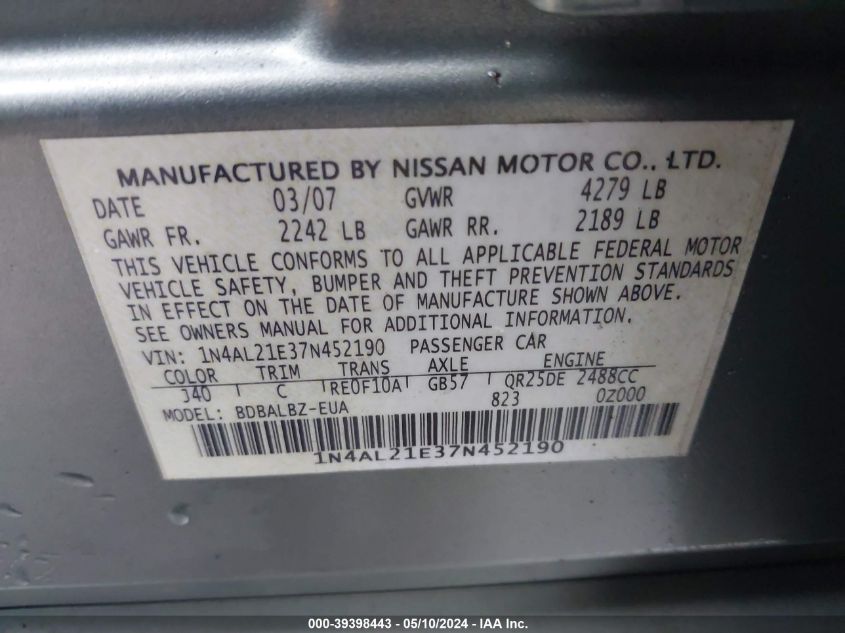 2007 Nissan Altima 2.5 S VIN: 1N4AL21E37N452190 Lot: 39398443