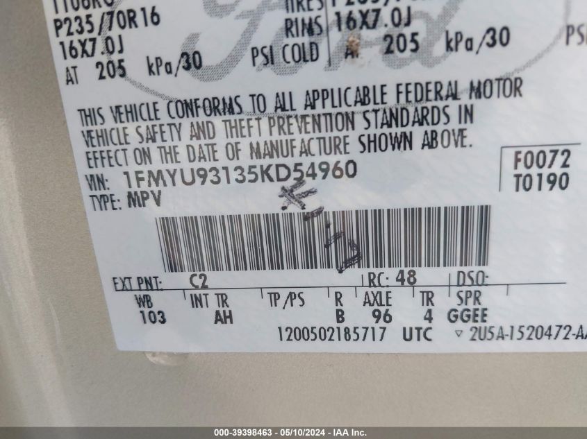 2005 Ford Escape Xlt VIN: 1FMYU93135KD54960 Lot: 39398463