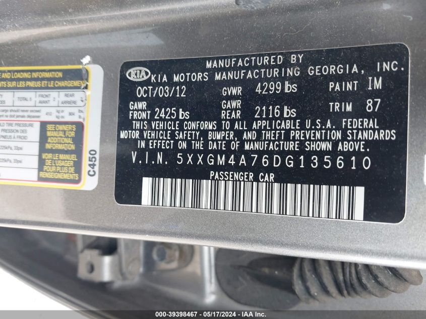 2013 Kia Optima Lx VIN: 5XXGM4A76DG135610 Lot: 39398467