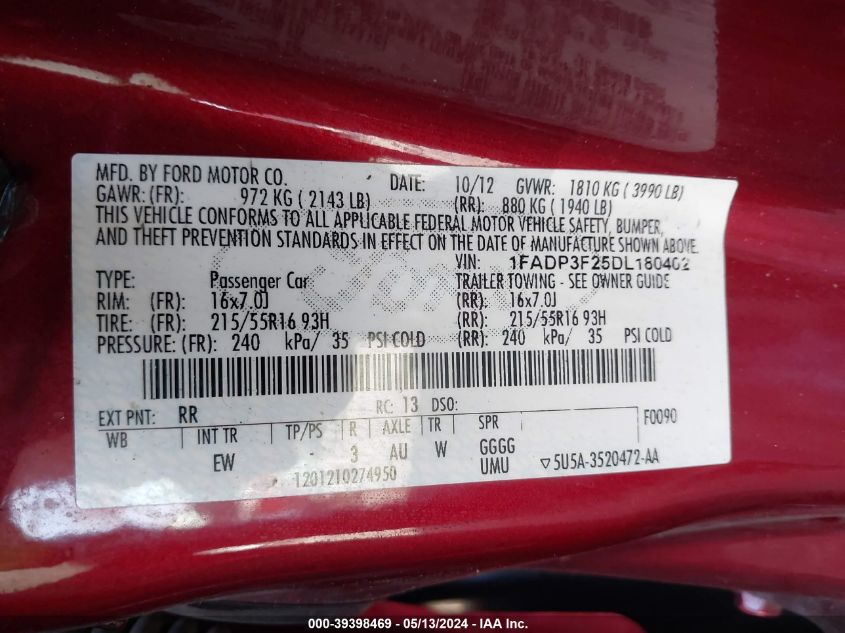 2013 Ford Focus Se VIN: 1FADP3F25DL180402 Lot: 39398469